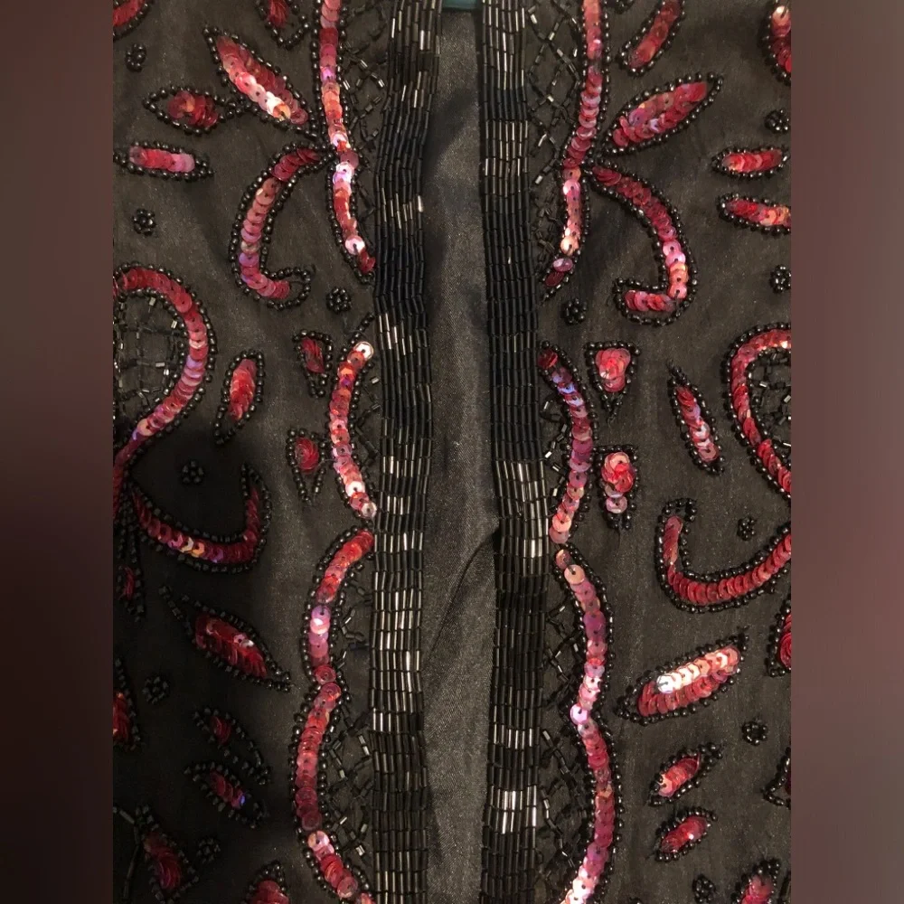 Vintage Black Beaded Open-Front Jacket with Pink Sequin Accents 80s retro glam L - Picture 8 of 16